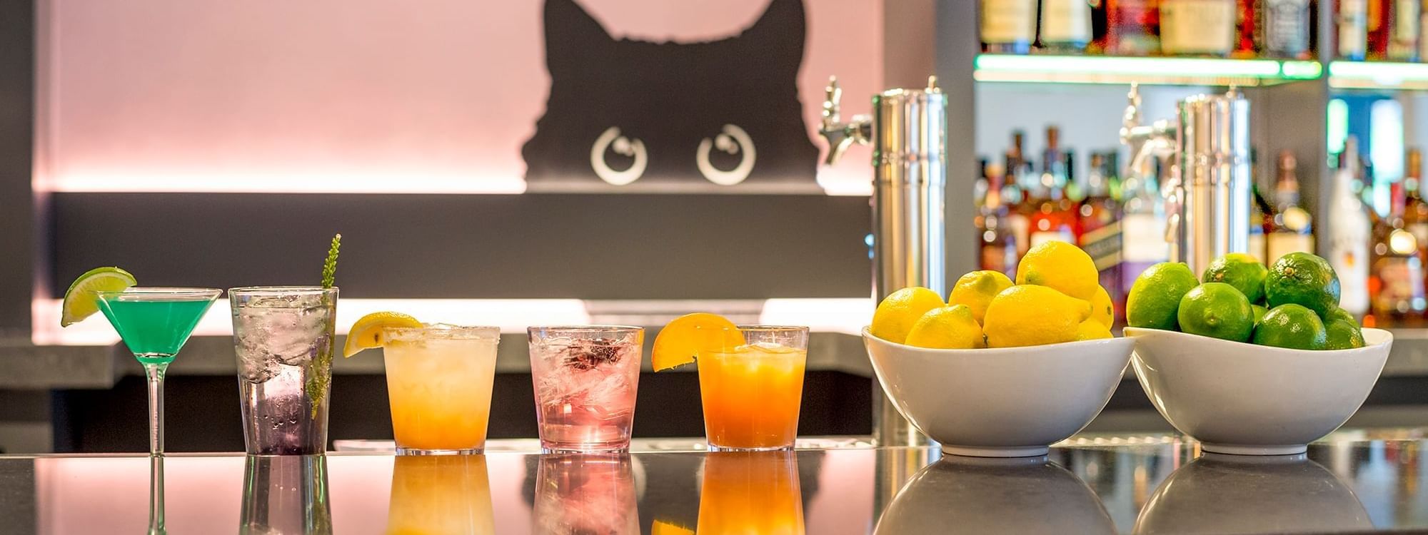 Bar counter with various cocktails served in Gattara at Warwick Denver