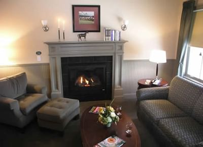 Seating area with chair and couch beside fireplace