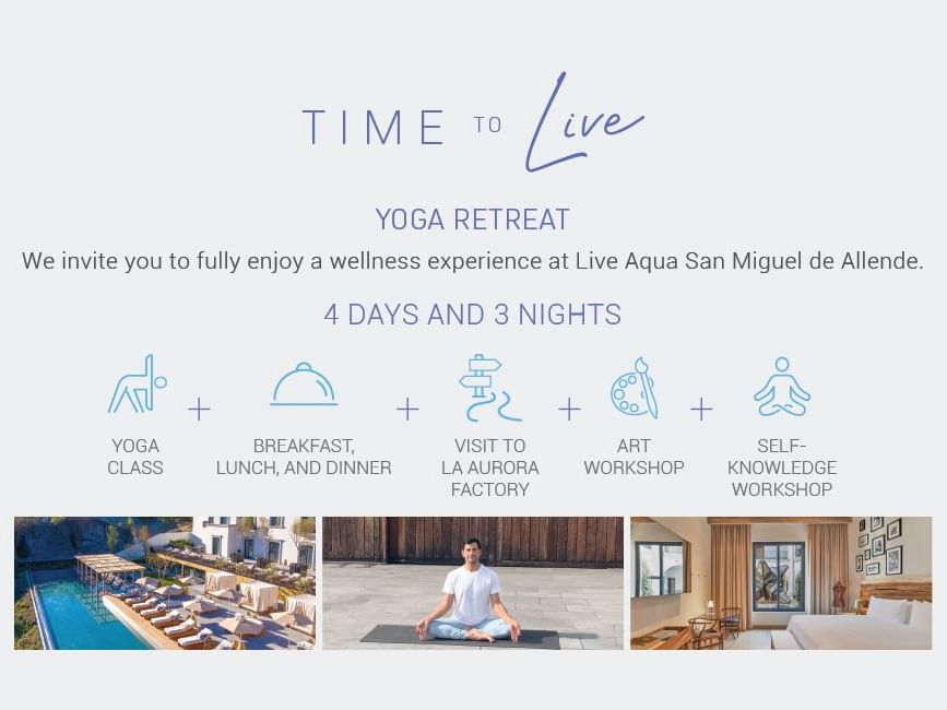 Advertisement for a yoga retreat featuring amenities and a person meditating at Live Aqua San Miguel de Allende