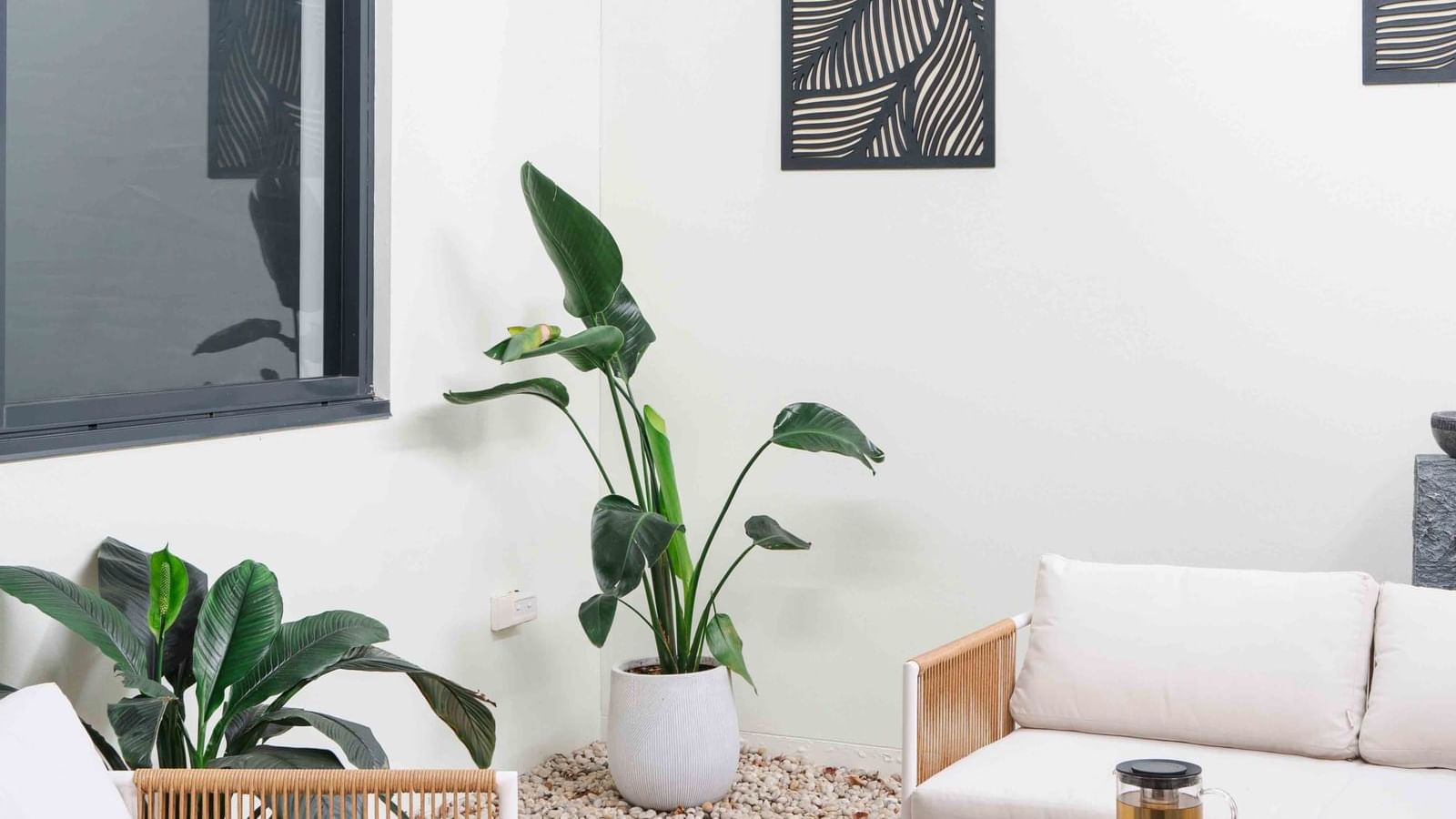 Wildfire Day Spa with white sofa, indoor plants, and abstract wall art at Mercure Kooindah Waters