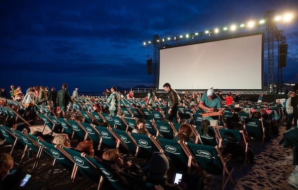 Movie set-up outdoors in Whistler Olympic Plaza near Blackcomb Springs Suites