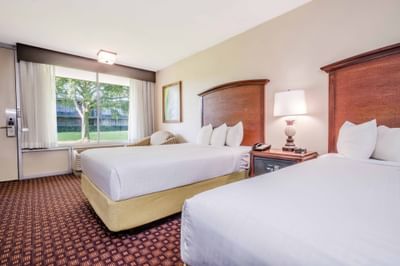 Double guestroom with two beds, wooden headboards, and window with a courtyard view at Rosen Inn International