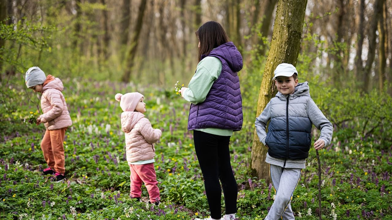 mother with walking in the forest in Spring