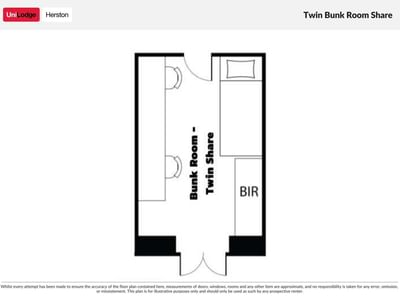 Floor plan showing a twin bunk room share layout with two bunk beds and a built-in robe at UniLodge Herston