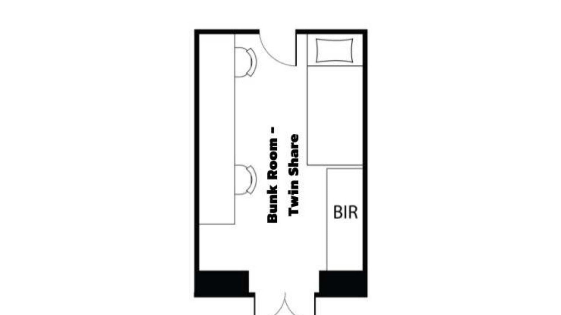 Floor plan showing a twin bunk room share layout with two bunk beds and a built-in robe at UniLodge Herston