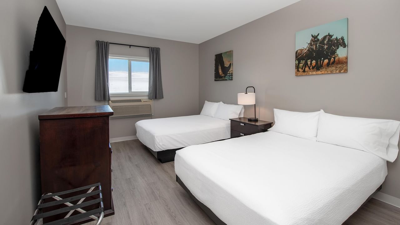 Two beds, dresser, TV, and artwork in a room at Coast Innisfail Hotel.