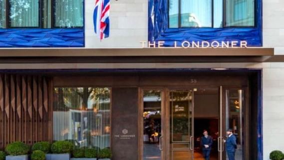 Exterior view & the grand entrance with a display of the British flag at The Londoner Hotel