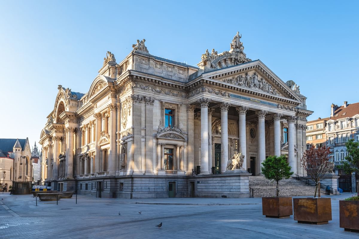 The grand neoclassical facade of the Brussels Stock Exchange near Hotel Barsey by Warwick