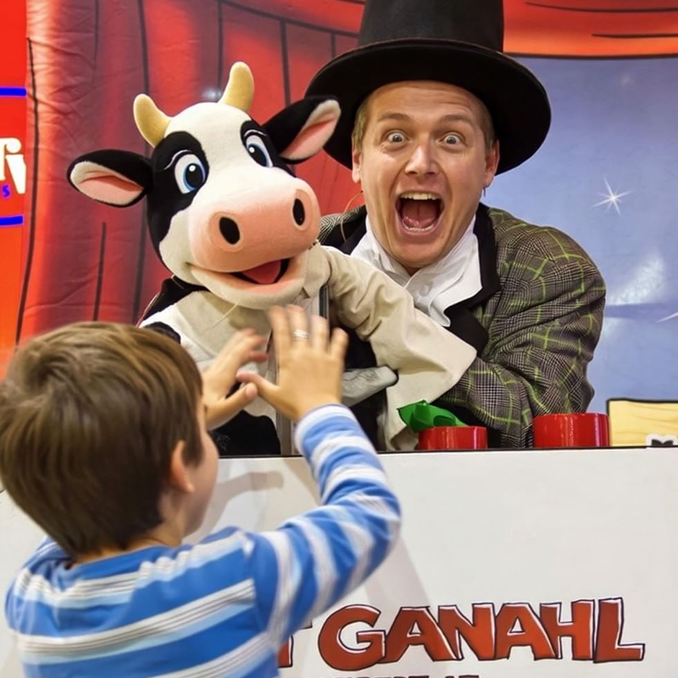 Mann mit Kuhmaske und Kind bei Zauberei mit Robert Ganahl.