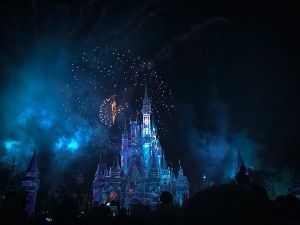 Fireworks in front of Cinderella's Castle at Magic Kingdom Walt Disney World. 