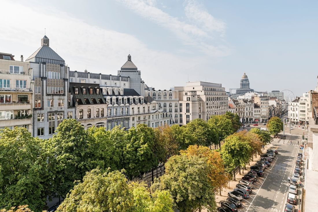 Panoramisch uitzicht over Brusselse architectuur met groene bomen langs een brede laan bij Hotel Barsey by Warwick Brussels Bruxelles