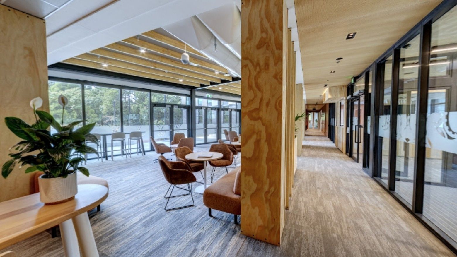 Modern hotel lobby with wooden accents, terracotta seating, floor-to-ceiling windows, and a bright corridor at Tupuārangi.
