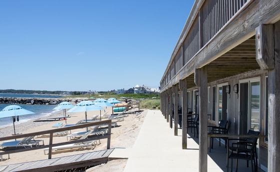 Close-up of the deck overlooking the beach at Falmouth Tides