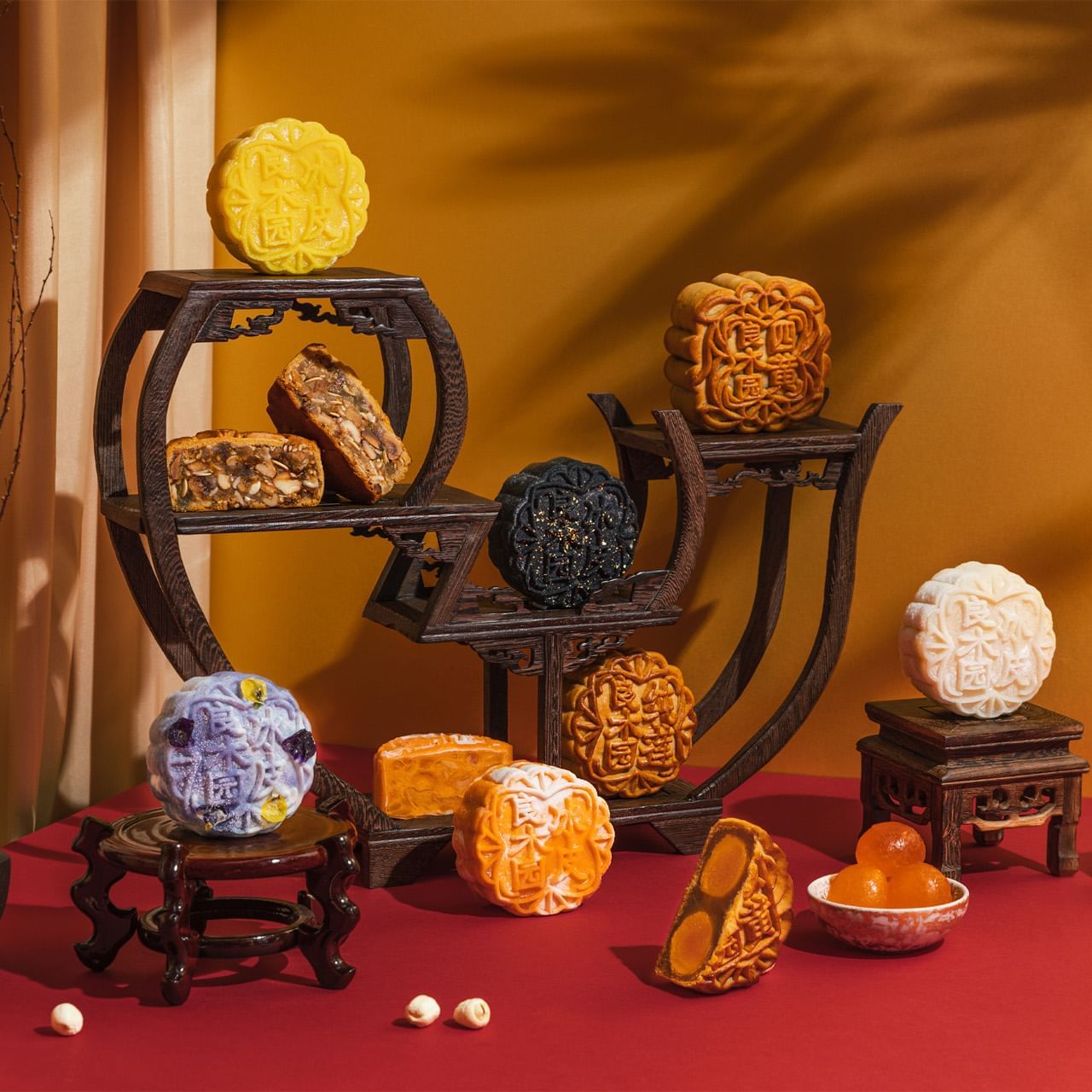 Mooncakes displayed on a buffet at Goodwood Park Hotel