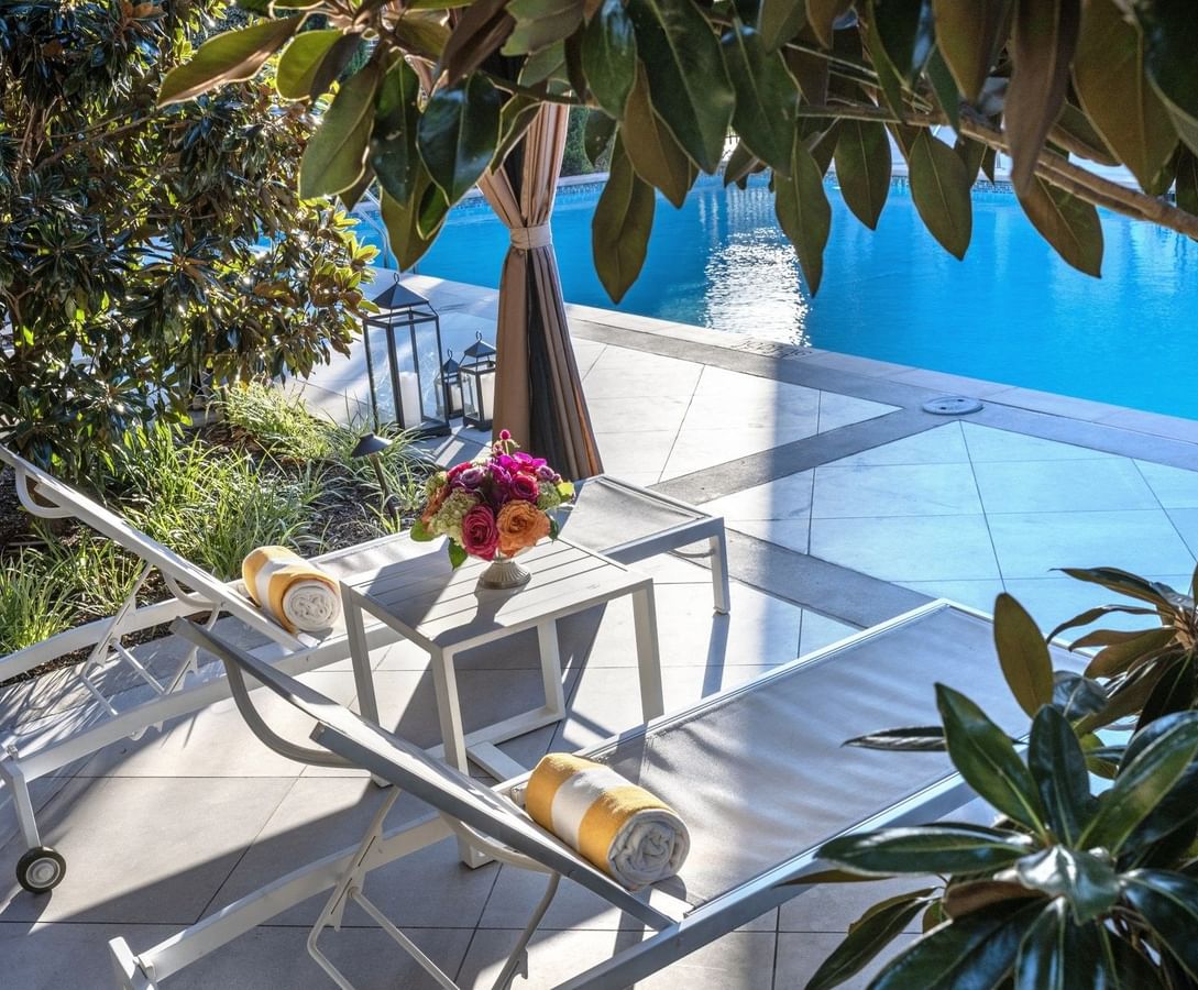 Lounge chairs by a pool under green leaves surrounding a sunlit patio area at Warwick Melrose Dallas