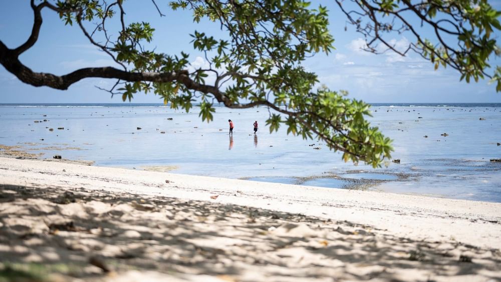 Two people on a sand beach in Korolevu at Warwick Fiji Resort and Spa.