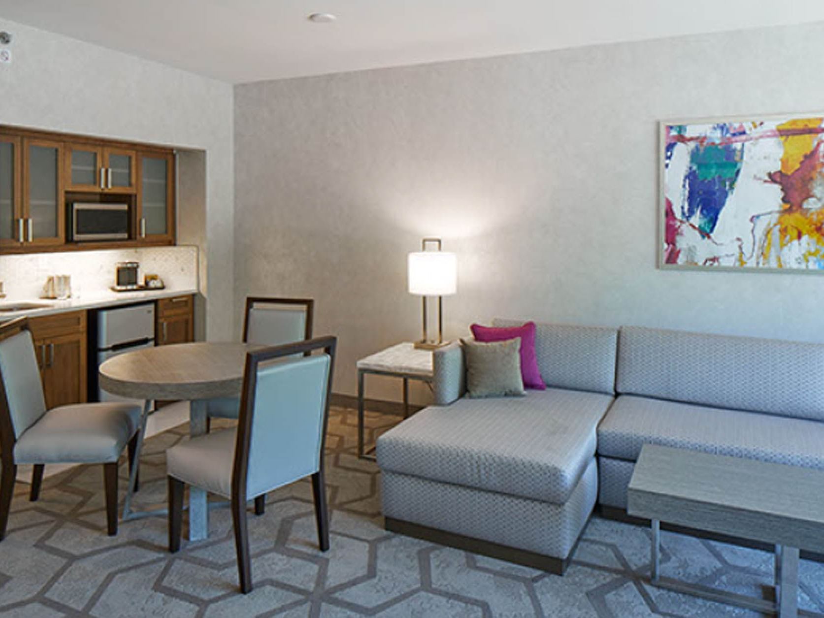 Living area of the bloom filed suite at the Kingsley Bloomfield