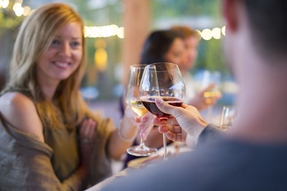 Two friends clinking glasses of wine.