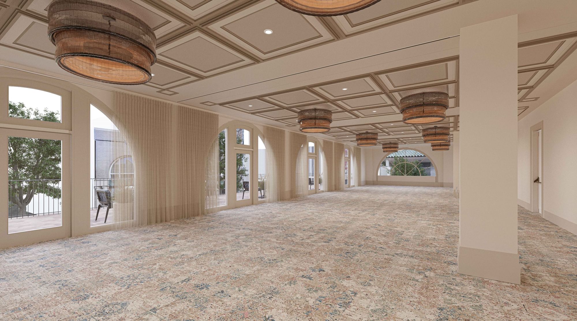 Terraza Ballroom with elegant arched windows and barrel-shaped chandeliers at El Prado Hotel