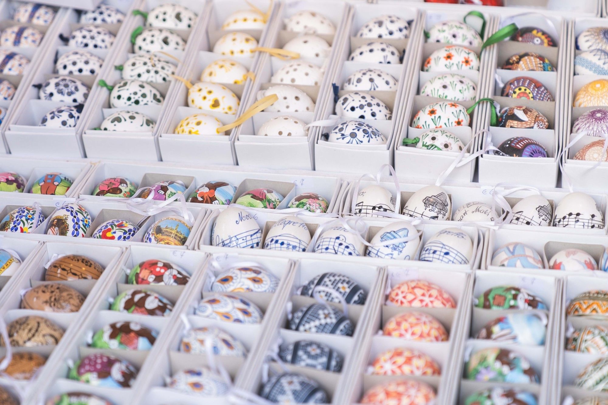 Hand painted Easter eggs with traditional patterns at a market stall in Vienna