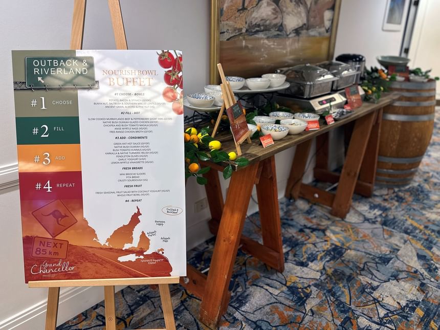 Outback and Riverland Nourish Bowl buffet menu displayed at Hotel Grand Chancellor