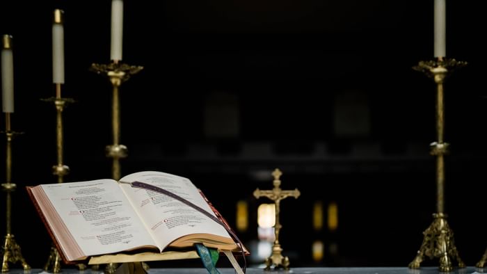 Bible on the desk in Royal Chapel Dreux near Originals Hotels