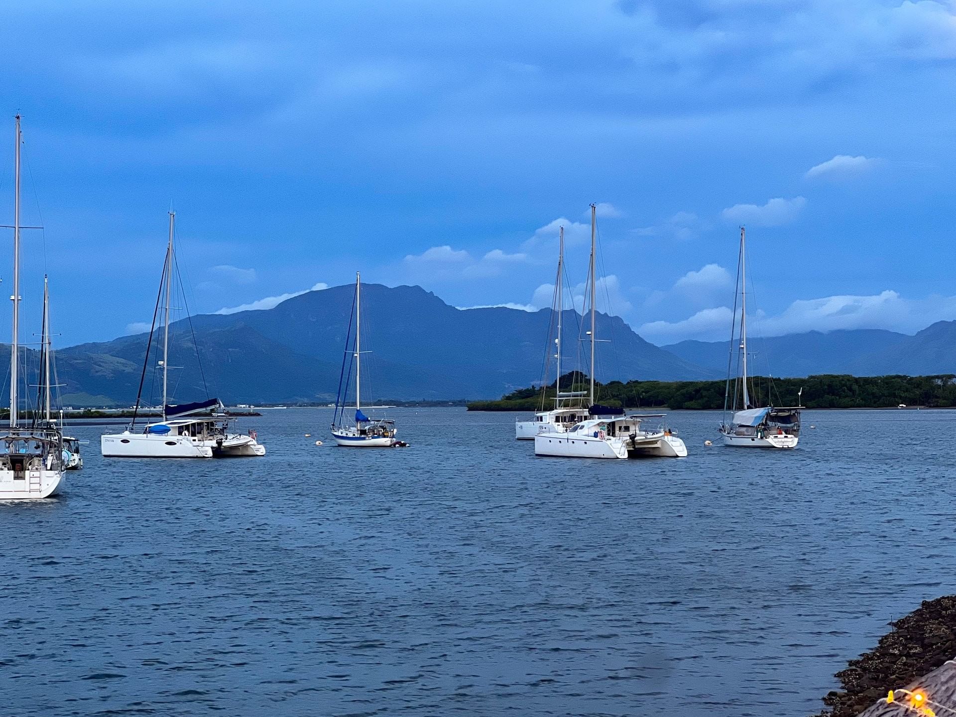 White catamarans and sailboats anchored in the calm blue bay at TokaToka Resort Nadi Fiji