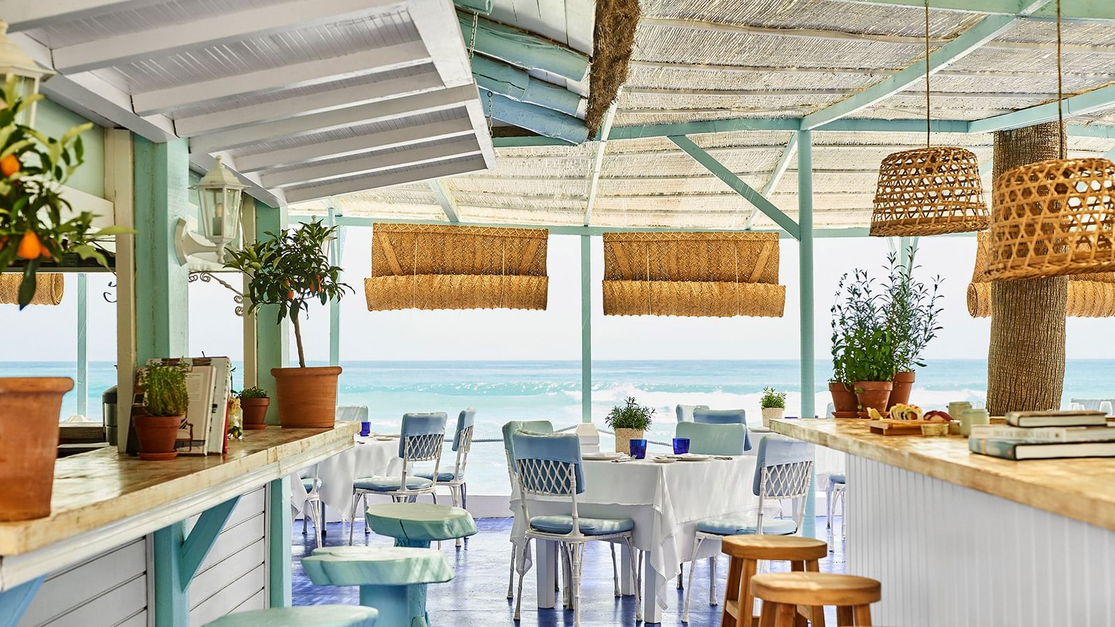 Dining area with sea view at the MC Beach at Marbella Club
