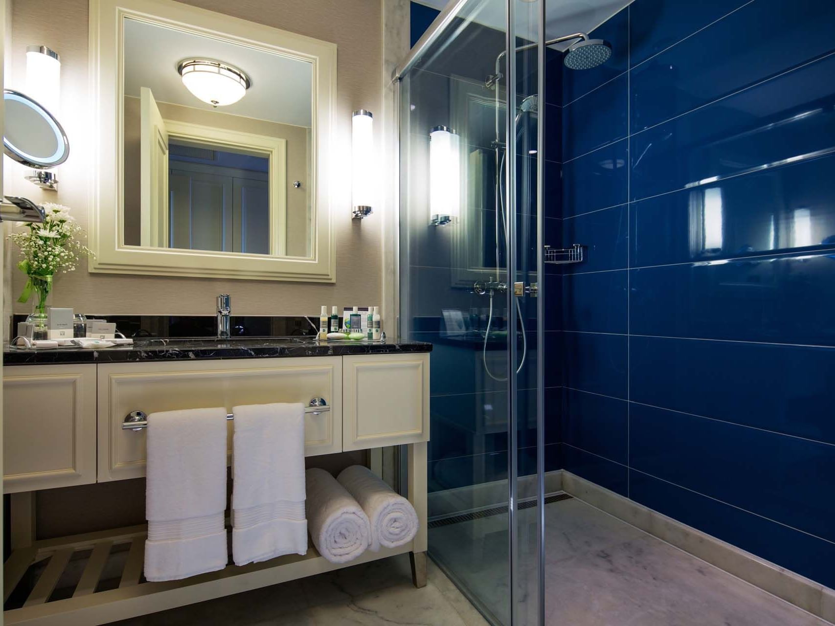 Bathroom with vanity & shower area in Standard Room at Titanic Deluxe Golf Belek