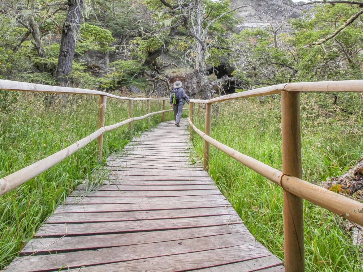 Wooden bridge at Mylodon Cave near The Singular Patagonia