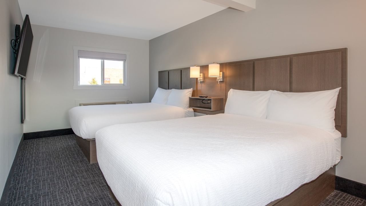 Two beds with white bedding and a mounted TV in a hotel room.