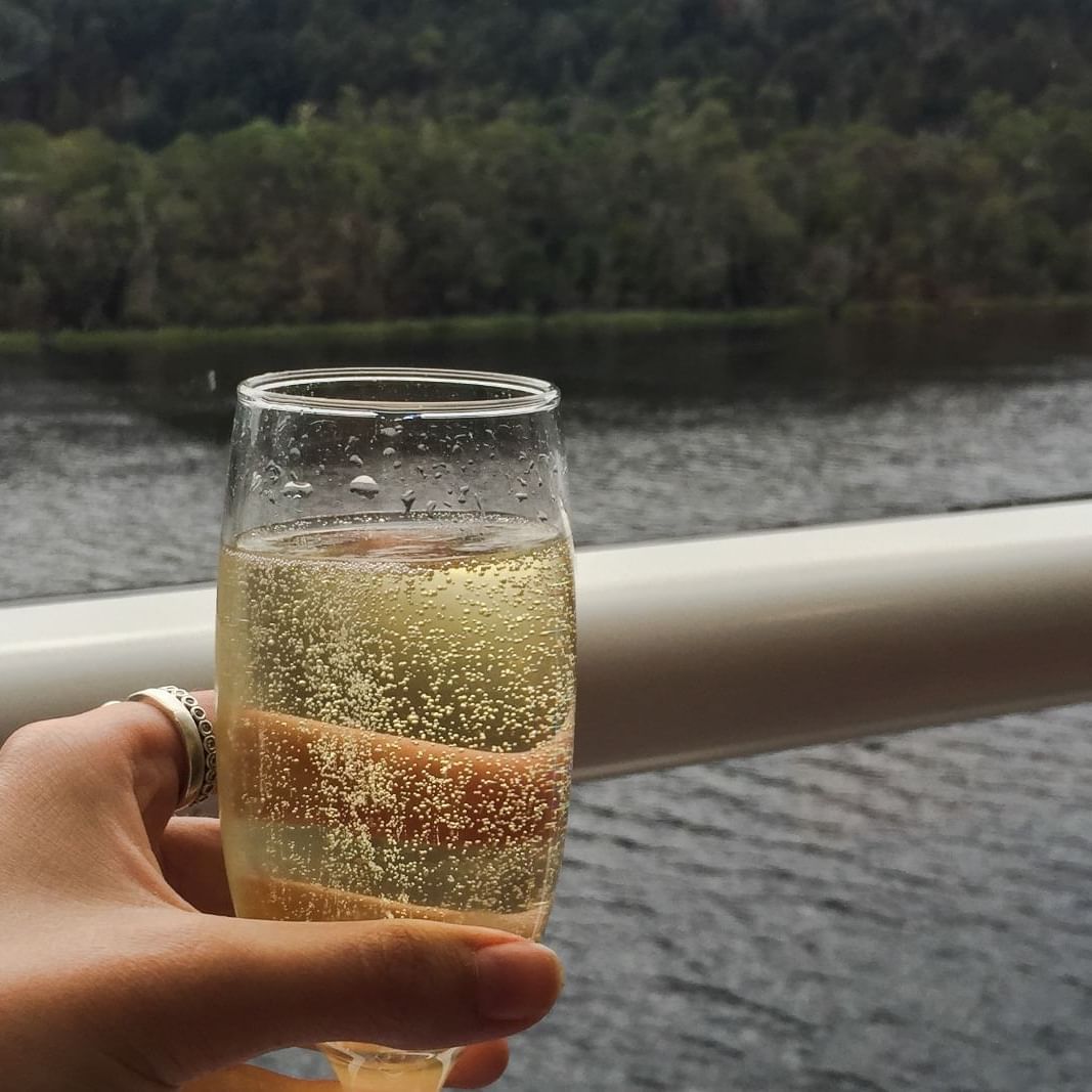 A Lady holding a glass of champagne at Gordon River Cruise