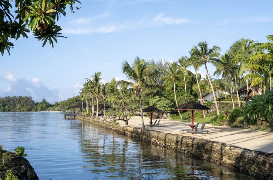 Tropical beach view with palm trees and lounge chairs at Warwick Le Lagon - Vanuatu