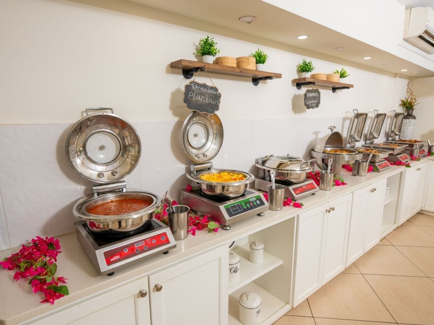 Buffet line with hot food at Savannah Beach Hotel.
