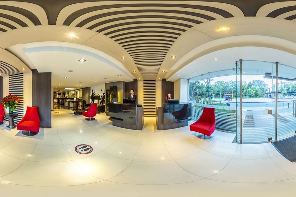 Panoramic view of interior of reception at Blue Doors Hotels 