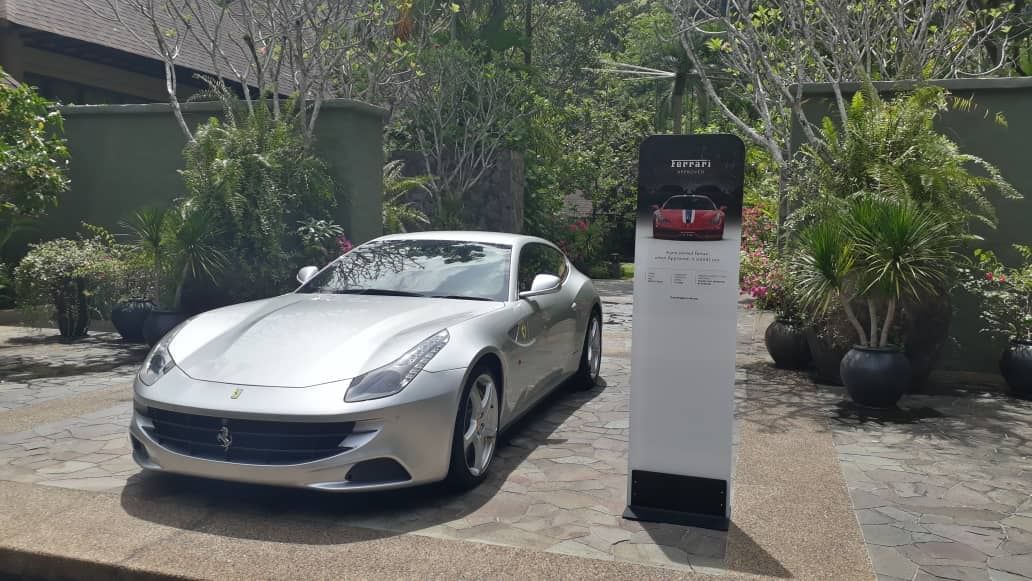 Landscape view of a silver Ferrari at The Banjaran Hotsprings Retreat
