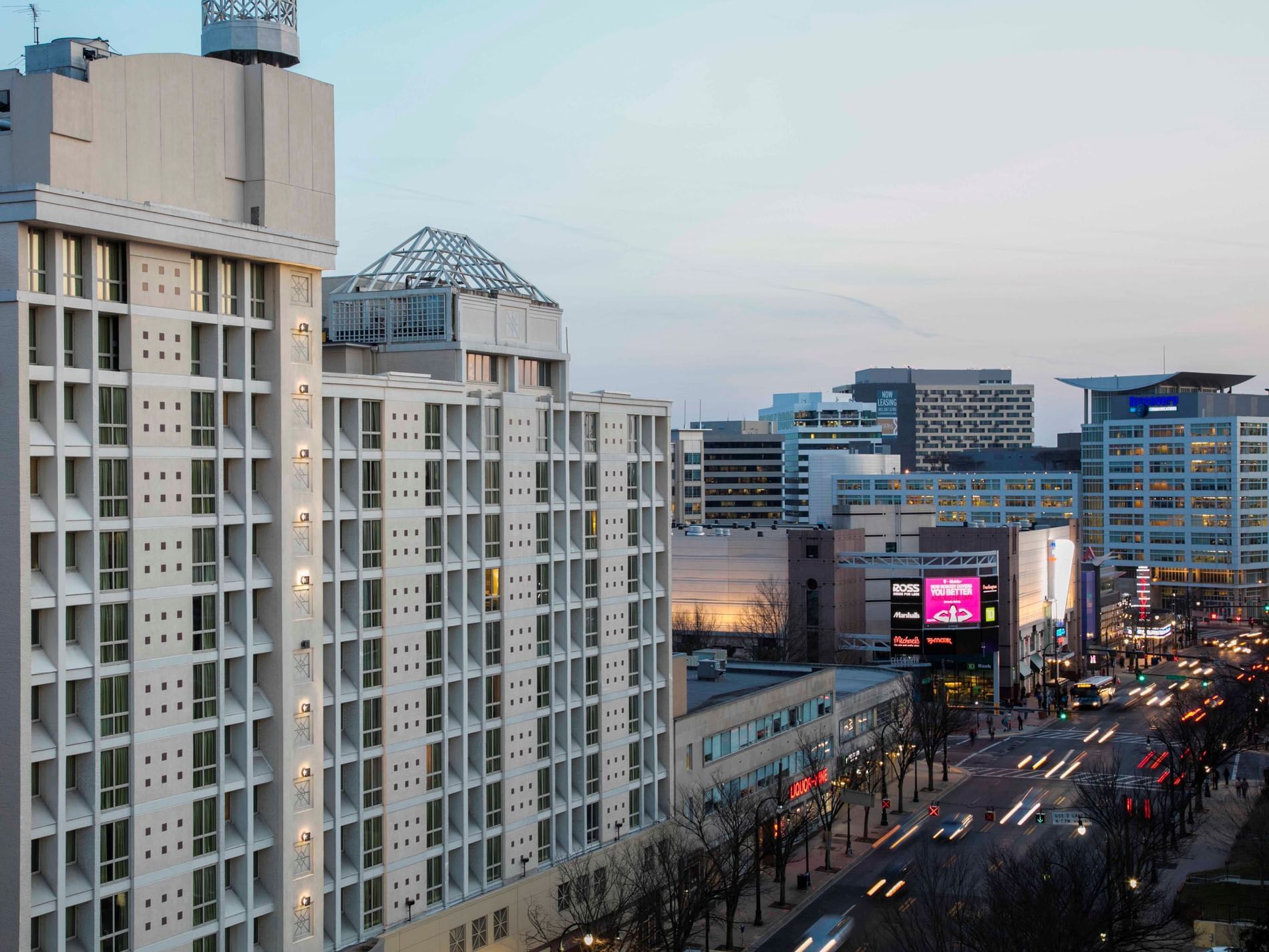 Distant view of street & hotel exterior at Hotel Silver Spring