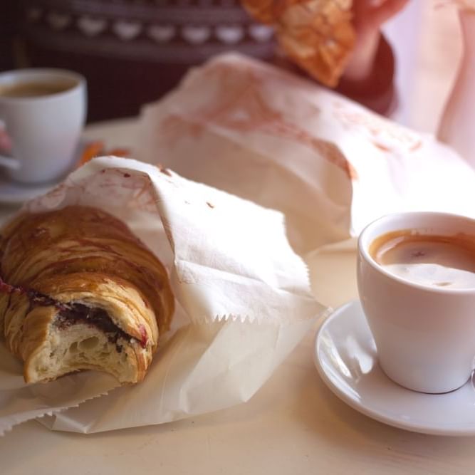 Coffee and croissants served at a shop near Hotel St. Pierre