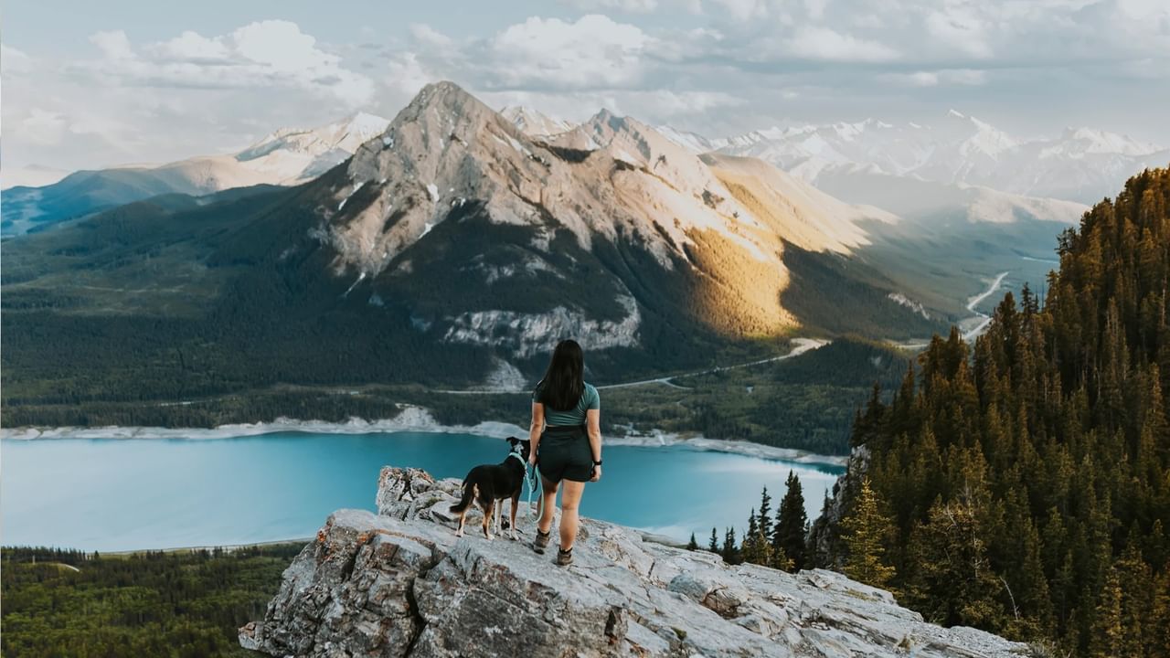 A person and their dog stand on a cliff's edge, admiring a mountain view in Canmore in May.