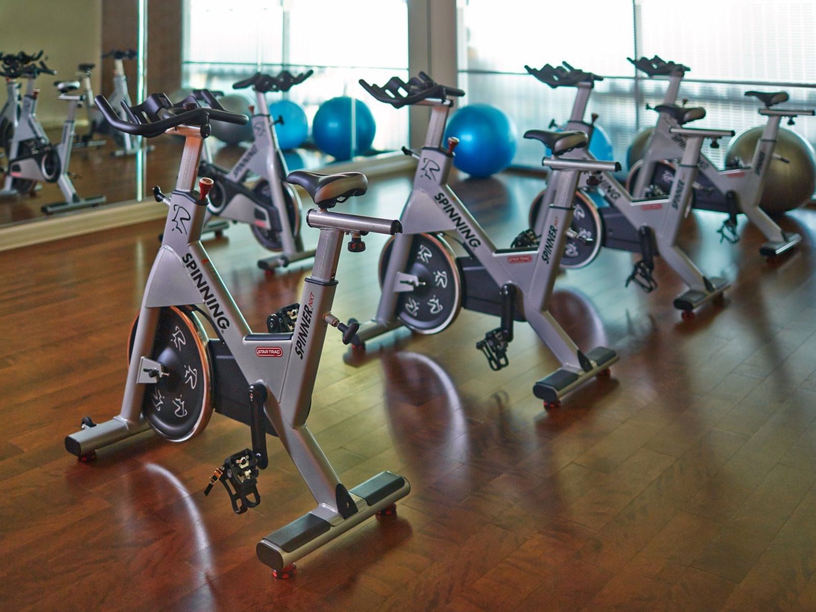 a row of stationary bikes