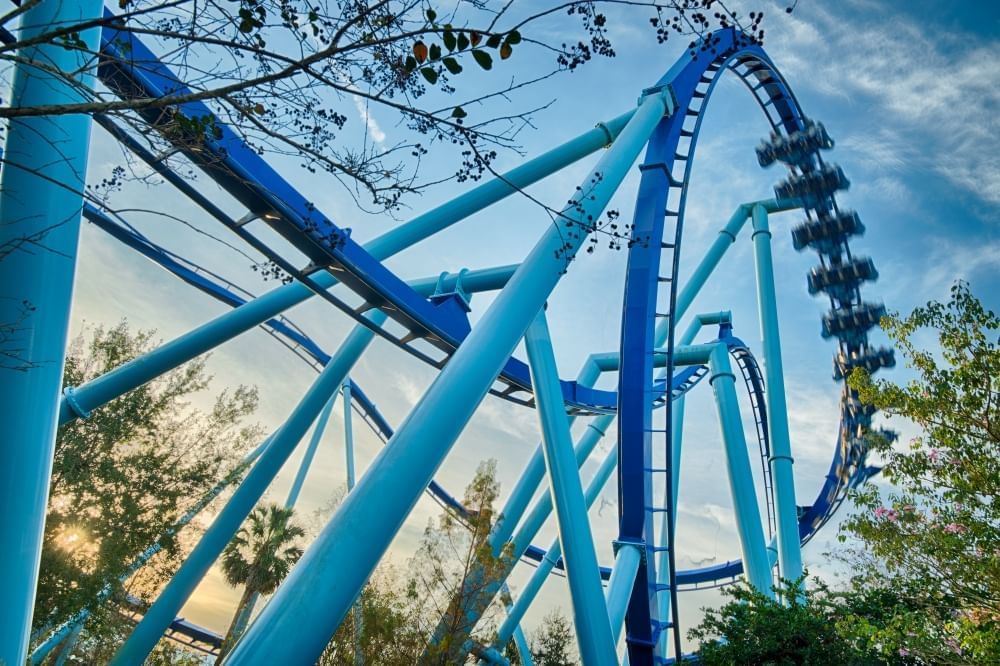 Dark and light blue metal coaster tracks surrounded by green treetops with a moving set of coaster cars against a twilight sky.