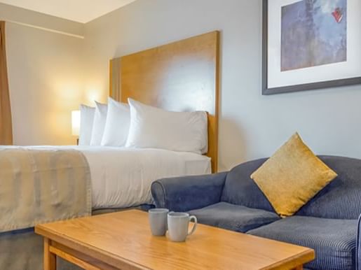 Suite with a queen bed, sofa, and coffee table.