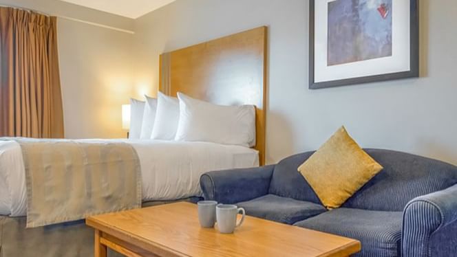 Suite with a queen bed, sofa, and coffee table.