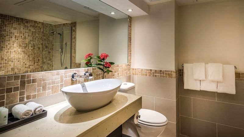 Bathroom vanity area in Ocean View room at Warwick Fiji