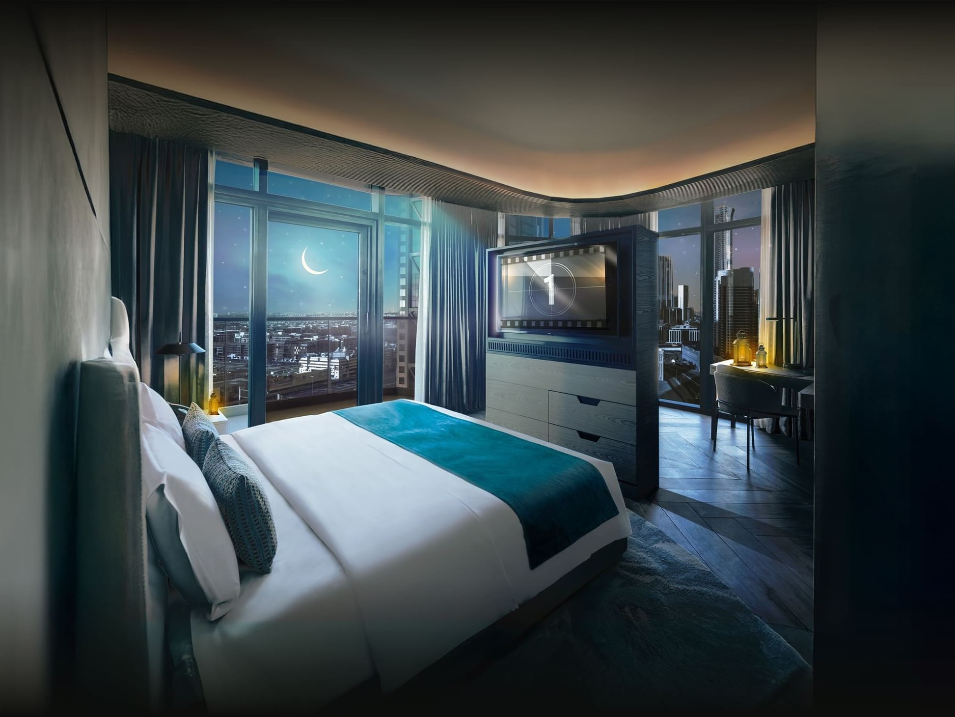 Illustration of the Ramadan moon & star in a Suite, featuring a Cinematic Eid Getaway at Paramount Hotel Midtown