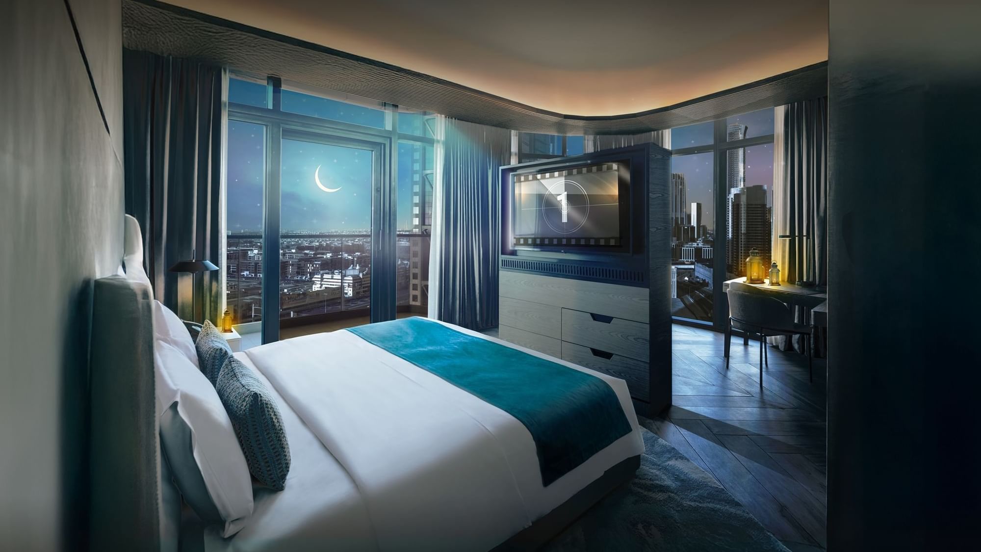 Illustration of the Ramadan moon & star in a Suite, featuring a Cinematic Eid Getaway at Paramount Hotel Midtown