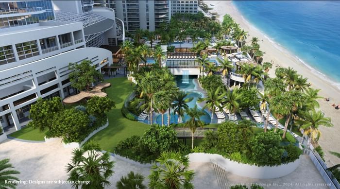 Aerial view of The Diplomat Resort with swimming pools, lush greenery, and beachfront access