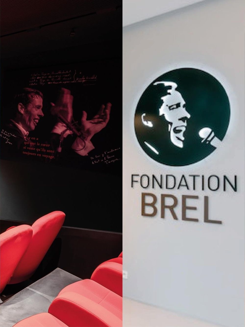 Inside view of the Brel Foundation with red chairs and a wall showcasing Jacques Brel's images and quotes.