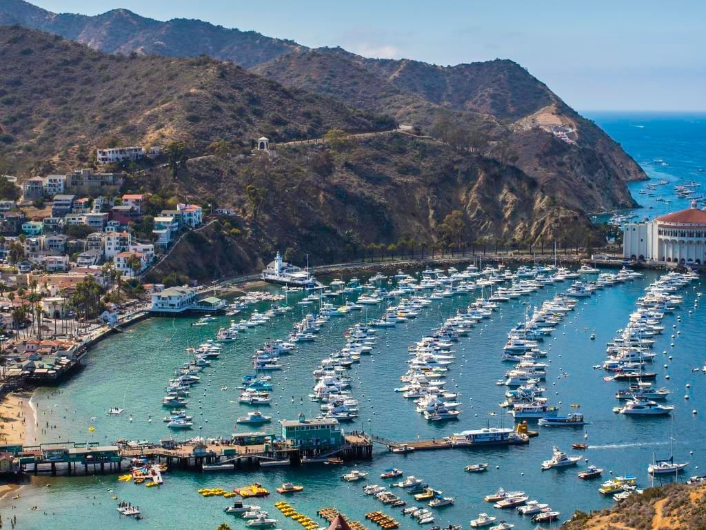 Aerial view the mountain ranges & docked boats near Catalina Island Company