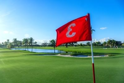 Red flag marking hole three by pond and sand bunker beside tall palm trees in Miami Lakes Golf Club at Miami Lakes Hotel